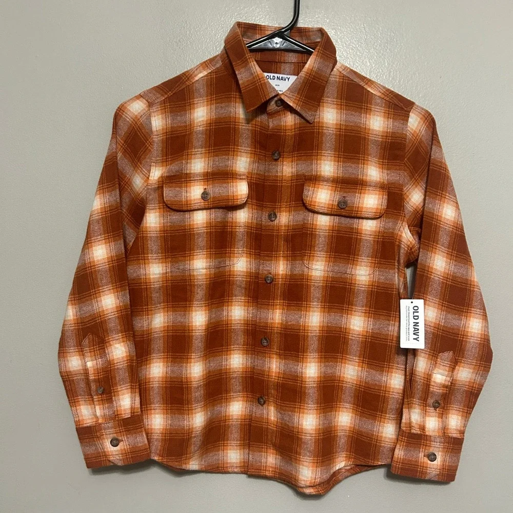 Old Navy Flannel Shirt Kids M (8) Orange Plaid NWT Long Sleeve Button Down Boys